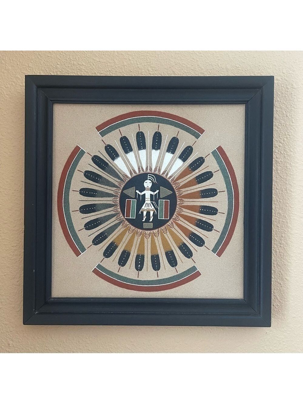 “Sun and Eagle” Navajo ceremonial framed sand painting
